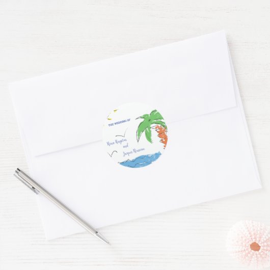Persoonlijke schat strand met palmboom ronde sticker (Envelop)