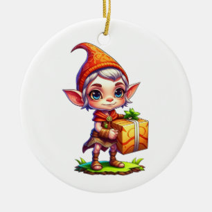 Persoonlijke Schattige Elf met een Kerstcadeau Keramisch Ornament