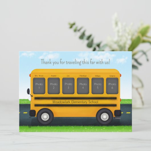 Persoonlijke schoolbus voor schoolvrienden 6 foto' bedankkaart (Staand voorkant)