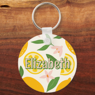Persoonlijke schooltaslabel met citroen en bloemen sleutelhanger
