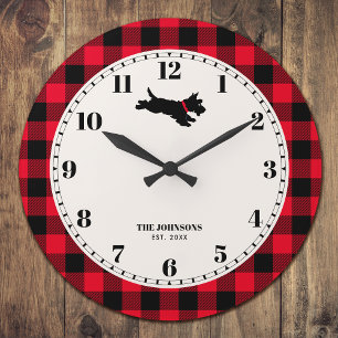 Persoonlijke Scottie-hond Buffalo Plaid Rood Grote Klok