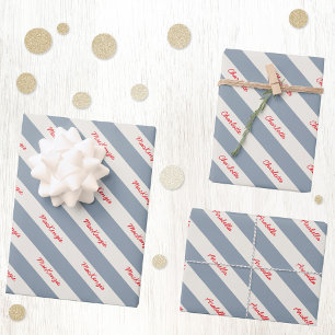 Persoonlijke Script Naam Blauwe Crème Candy Streep Inpakpapier Vel