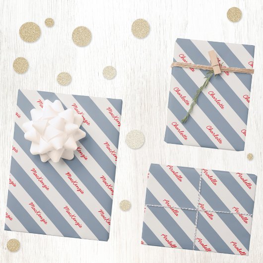 Persoonlijke Script Naam Blauwe Crème Candy Streep Inpakpapier Vel