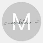 Persoonlijke Script Naam Monogram Grijs Ronde Sticker (Voorkant)