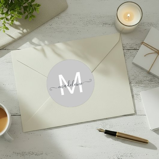 Persoonlijke Script Naam Monogram Grijs Ronde Sticker