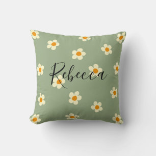Persoonlijke scriptnaam Cute Daisy-patroon Groen Kussen