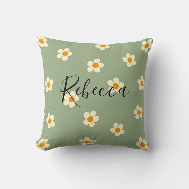 Persoonlijke scriptnaam Cute Daisy-patroon Groen Kussen (Voorkant)