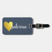 Persoonlijke scriptnaam Gold Glitter Heart Navy Bagagelabel (Voorkant horizontaal)