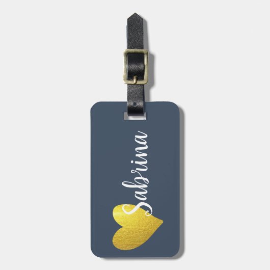 Persoonlijke scriptnaam Gold Glitter Heart Navy Bagagelabel (Voorkant verticaal)