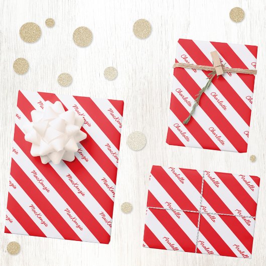 Persoonlijke scriptnaam rood witte snoepstreep inpakpapier vel