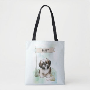 Persoonlijke Shih Tzu-waterverf Hondennaam Tote Bag