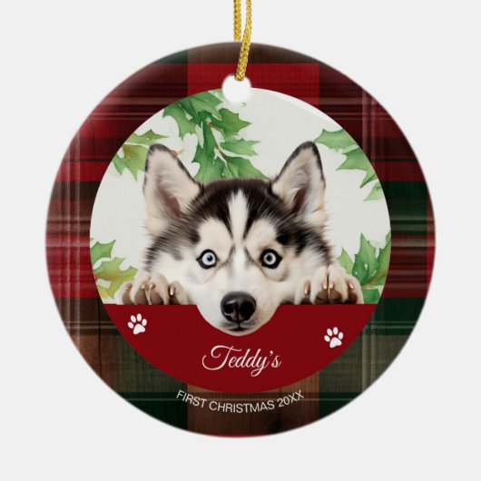Persoonlijke Siberische Husky Kerstmis Keramisch Ornament (Voorkant)