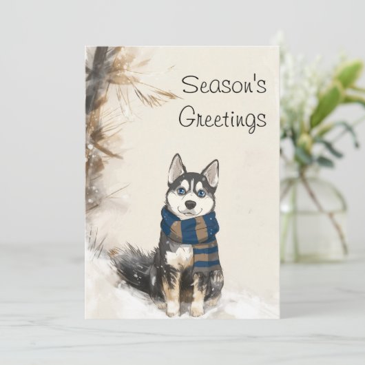 Persoonlijke Siberische Husky met een sjaal Feestdagenkaart (Staand voorkant)