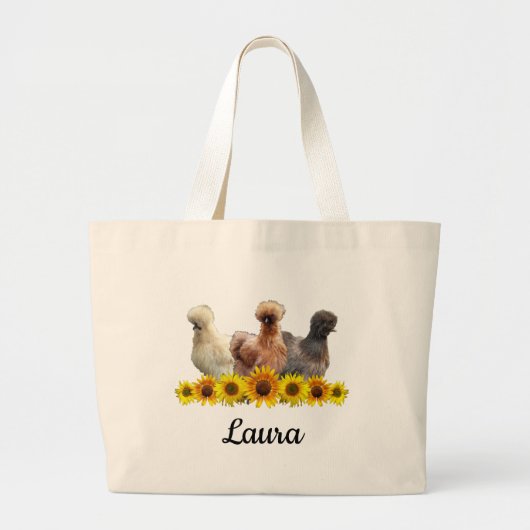 Persoonlijke Silkie Bantam Kippen en Zonnebloemen Grote Tote Bag (Voorkant)