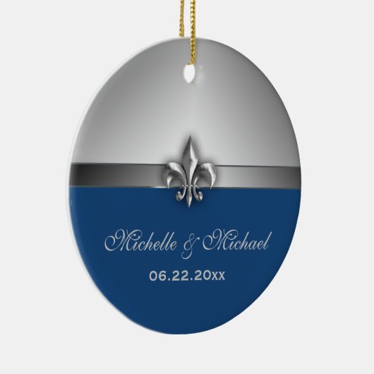 Persoonlijke Silver Blue Fleur de Lis Keramisch Ornament (Rechts)