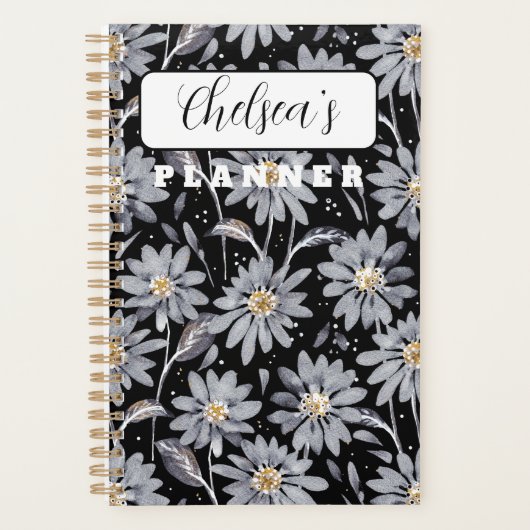 Persoonlijke Silver Daisies op zwart Planner (Voorkant)