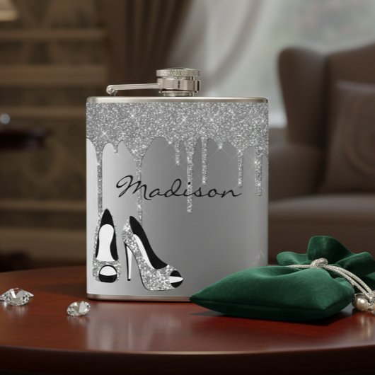 Persoonlijke Silver Glitter-schijven — Heels Shoes Heupfles