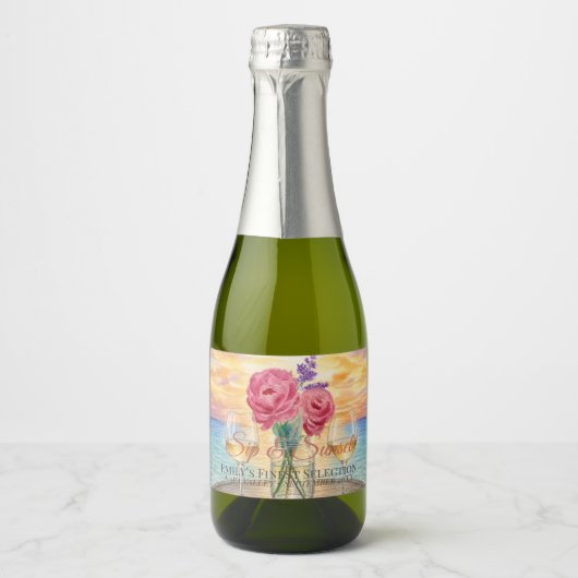 Persoonlijke Sip & Sunset Mini Mousserend Sparkling Wijnetiket (Voorkant)
