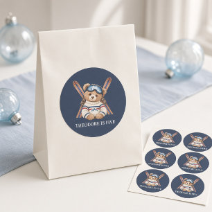 Persoonlijke Ski Teddybeer 5e Verjaardag Ronde Sticker