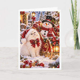 Persoonlijke Sneeuwman & Witte Perzische Kat Kerst Feestdagen Kaart
