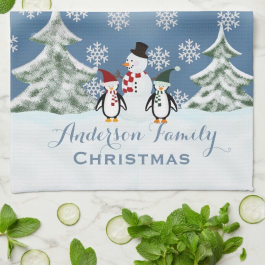 Persoonlijke Snowman en Penguin Kitchen Towel Theedoek (Gevouwen)