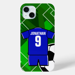 Persoonlijke Soccer Jersey Blue met White iPhone 15 Mini Hoesje