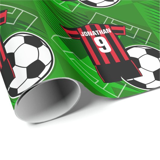 Persoonlijke Soccer Jersey Red en Black Stripes Cadeaupapier (Rol Hoek)