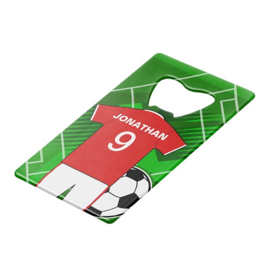 Persoonlijke Soccer Jersey Red en White Creditkaart Flessenopener (Voorkant Gekanteld)