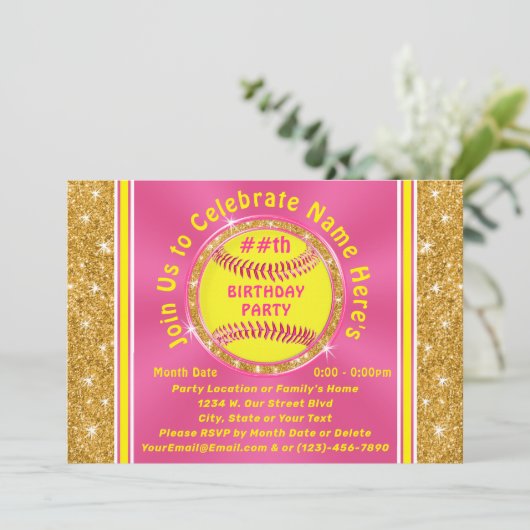 Persoonlijke Softball Verjaardagsfeest Uitnodiging (Staand voorkant)
