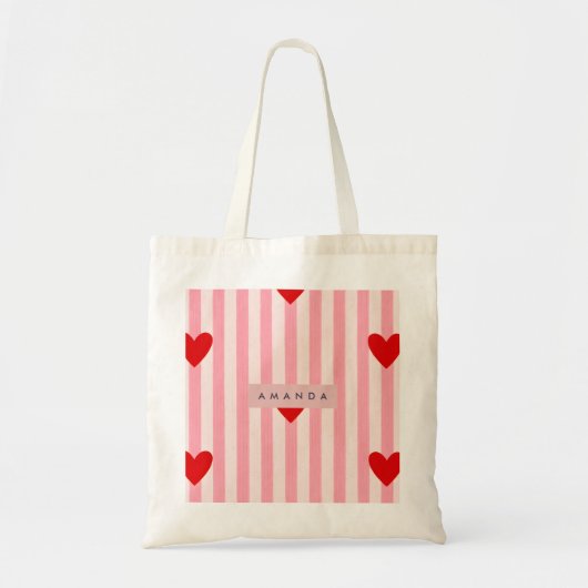 Persoonlijke Speelse Rode Hart & Roze Streep Tote Bag (Voorkant)