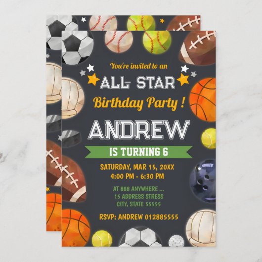 Persoonlijke Sport All-Star verjaardagsfeest uitno Kaart (Voorkant / Achterkant)