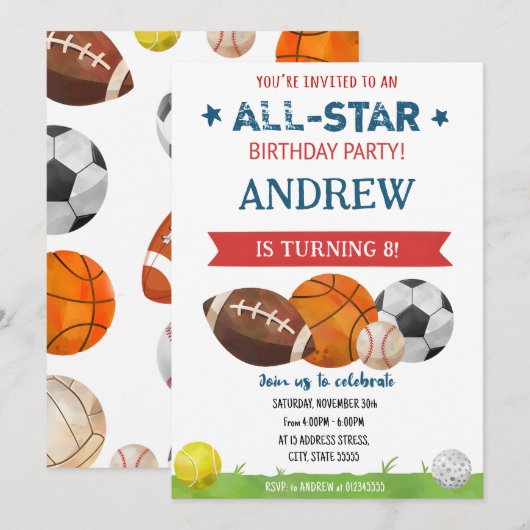 Persoonlijke sportverjaardag voor kind Uitnodiging (Voorkant / Achterkant)