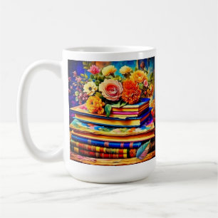 Persoonlijke stapel vintage boeken en bloemen koffiemok