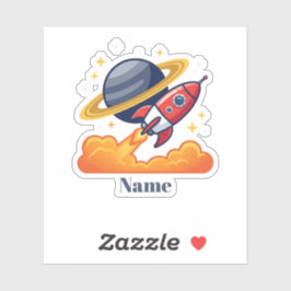Persoonlijke sticker met ruimteschip en planeet