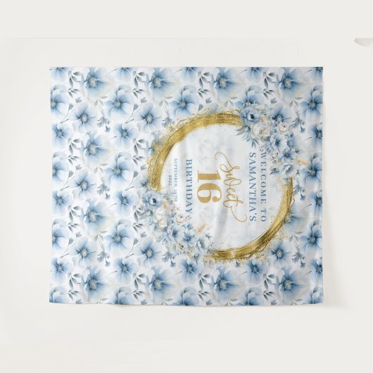 Persoonlijke Stof Blauw Zoete Zestien Gouden Glitt Wandkleed (Voorkant (horizontaal))