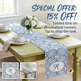 Persoonlijke Stofblauwe en Witte Elegante Damast M Medium Tafelloper