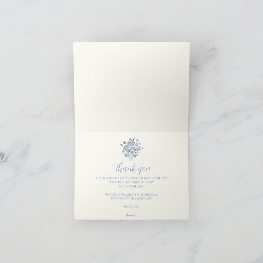 Persoonlijke stoffige blauwe wilde bloemen bruidsd bedankkaart (Binnen)