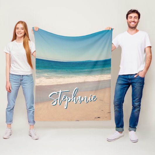 Persoonlijke strandfoto oceaanblauw fleece deken (In situ)