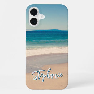 Persoonlijke strandfoto oceaanblauw iPhone 16 plus hoesje