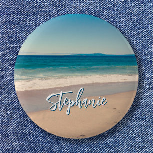 Persoonlijke strandfoto oceaanblauw landschap ronde button 5,7 cm