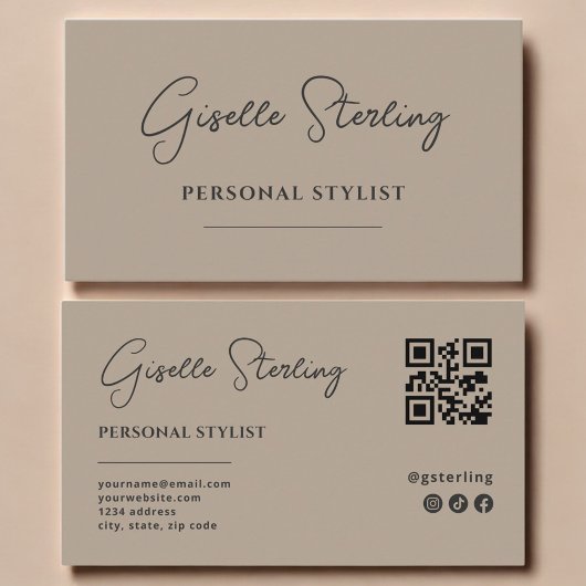 Persoonlijke Stylist Neutraal Taupe Script QR Code Visitekaartje