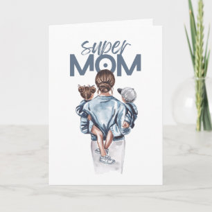 Persoonlijke Super Moeder met Zoon en Dochter Cade Feestdagen Kaart