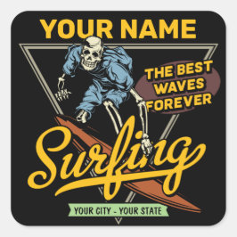 Persoonlijke surfende skeletridegolven vierkante sticker