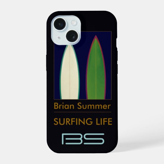persoonlijke surfplanken met surf-thema iPhone 15 hoesje (Achterkant)