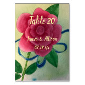 Persoonlijke tafelkaart met roze roos en blauwe li kaart (Voorkant)