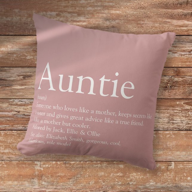 Persoonlijke tante-definitie stoffig roze rood kussen (Personalized Auntie Definition Dusty Rose Pink Throw Pillow)
