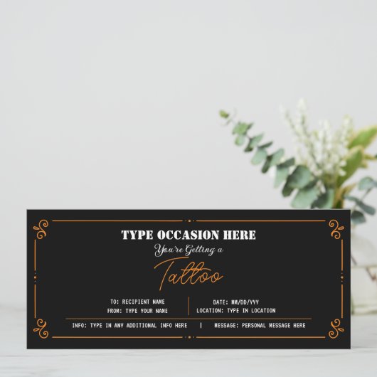Persoonlijke Tattoo Cadeaubon CERTIFICAAT Kaart (Staand voorkant)