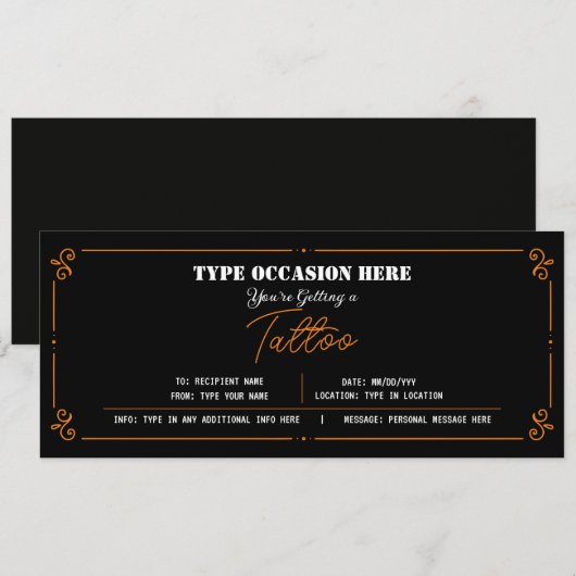 Persoonlijke Tattoo Cadeaubon CERTIFICAAT Kaart (Voorkant / Achterkant)