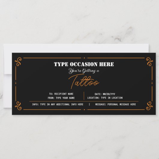 Persoonlijke Tattoo Cadeaubon CERTIFICAAT Kaart (Voorkant)