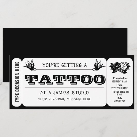 Persoonlijke Tattoo Ticket Cadeaubon Sjabloon Kaart (Voorkant / Achterkant)